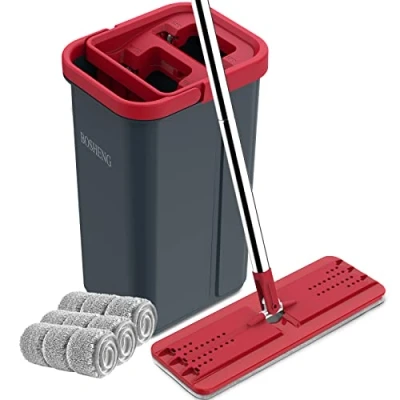 Image de BOSHENG Serpillère et Seau avec essoreuse, Balai Mains Libres pour Sol Plat Seau, 3 tampons lavables en Microfibre Inclus, Utilisation Humide sèche, système de Nettoyage des sols domestiques,
