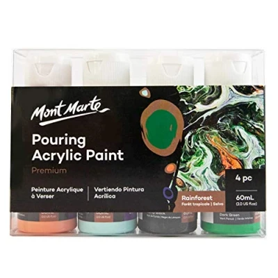 Image de MONT MARTE Acrylique Pouring Peinture Set Forêt Tropicale 4 pièces x 60ml Peintures Acryliques pré mélangées avec Medium Corail, Aigue marine Légère, Vert Foncé, Lampes Noir