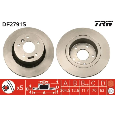 Image de TRW DF2791S Disque de frein 304,5 12,6 5 120 plein peint LAND ROVER: Range Rover 3, Discovery 2, 1