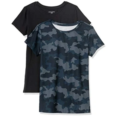 Image de Amazon Essentials T shirt à manches courtes et col rond Tech Stretch (disponible en grande taille) Femme, Lot de 2, Bleu Marine Camouflage/Noir, M