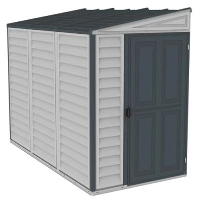 Image de Duramax SideMate PLUS 4 x 8 (2.91 m²) abri de jardin en plastique avec kit fondation métal, porte réversible, structure toit métal robuste, vinyle sans entretien, Gris foncé/ Adobe