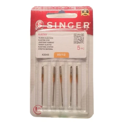 Image de Lot de 10 aiguilles universelles pour machines à coudre Singer 2045 Épaisseur 80/12 tissus élastiques et tricotés 130/705 H S (talon plat d&#039;un côté)