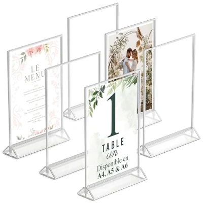 Image de Dasher Products cadres photos argent Double Face A5 Pack de 6 porte numéros table en acrylique, chevalets transparents pour affiche, menus,