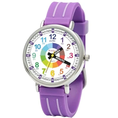 Image de Kiddus Montre Bracelet Éducative pour Enfants, Fille, garçon. Time Teacher Analogique avec Exercices. Facile d’Apprendre à Lire l’Heure. Conçu Barcelona. Español Lila