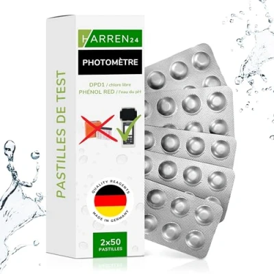 Image de harren24 Pastilles de test photomètre pour l&#039;analyse chimique l&#039;eau du pH (50x Phénol Red) et chlore libre DPD1), convient Poollab/Testeur piscine electrique (2x50 Pastilles)