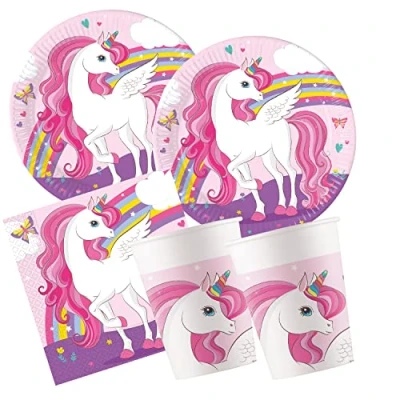 Image de Procos Licorne Set Unicorn Rainbow 52 pièces, Assiettes, 16 gobelets, 20 Serviettes, jetable, Vaisselle de fête, décoration Table, 10209570, Multicolore