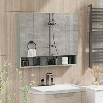 Image de kleankin Armoire Murale Salle de Bain avec Miroir, 90 x 15 75 cm, Meuble Bain, Toilette 3 Portes Compartiment Ouvert et étagères réglables, Gris