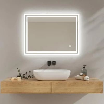 Image de EMKE Miroir LED Salle de Bain 80x60 cm, avec Éclairage, Lumière Blanche Froid Dimmable, Mural Interrupteur Tactile IP44, Économe en Énergie