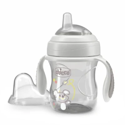 Image de Chicco Transition Cup Coupe anti goutte pour bébé 200ml, 1 tasse à biberon 4 mois et plus apprendre boire, avec bec ergonomique en silicone, double valve antiolique, sans BPA Gris