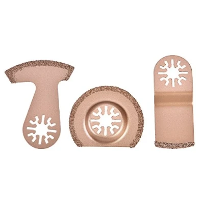 Image de Lot de 3 Lames Scie Oscillantes Courbées, Segmentées et Demi Cercle en Carbure Cémenté Forme E, Idéales pour la Découpe Carrelage le Meulage Briques