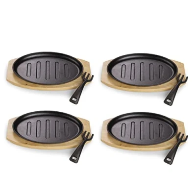 Image de ECHTWERK Poêle à frire en fonte avec bandes de barbecue et planche service, poignée amovible, déjà brûlée, convient pour le four, l&#039;induction, Ø 26 x 16,7 cm, 4 pcs.