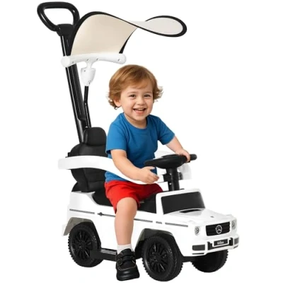 Image de HOMCOM Porteur Enfants Voiture Enfant Multi équipée 12 36 Mois klaxon Marche Pieds, Garde Corps et ombrelle Blanc