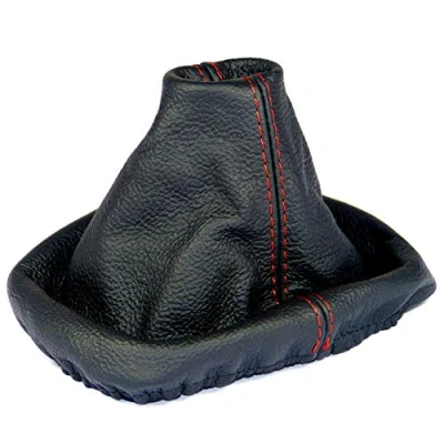 Image de L&amp;P A0034 Soufflet Sac Manchette manchon de commutation 100% cuir véritable veritable noir noire couture fil rouge transmission manuelle boîte boite vitesse vitesses changement
