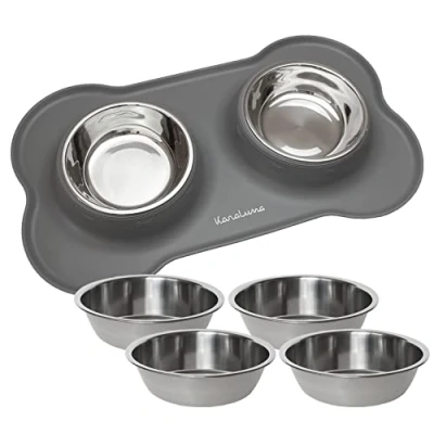 Image de KaraLuna Tapis pour Gamelle en Silicone avec 4 gamelles Acier Inoxydable de 400 ML I Chats et Petits Chiens Lot Chat