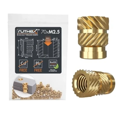 Image de ruthex M2,5 insert fileté 70 pièces RX M2,5x5,7 douilles filetées en laiton Écrou stable pour plastique Utilisable dans les imprimées 3D par chaleur ou ultrasons