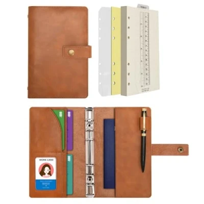 Image de Wonderpool Carnet de notes rechargeable en cuir Papier à pois intérieur véritable pour le travail voyage et l&#039;organisateur (Brun, A6)