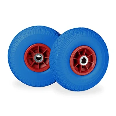 Image de Relaxdays Roue de diable, 2x brouette caoutchouc, 3.00 4&quot;D, Pour axe 20 mm, Bleu Rouge