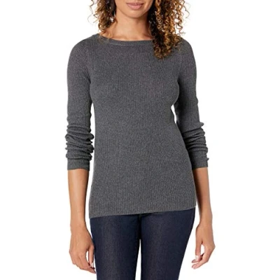 Image de Amazon Essentials Pull Côtelé Léger Coupe Ajustée à Manches Longues et Col Bateau Femme, Charbon Chiné, L