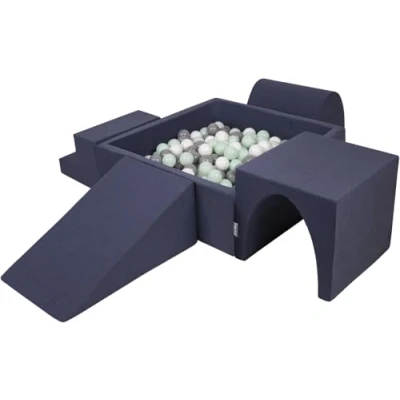 Image de KiddyMoon Aire De Jeux en Mousse avec Carré Piscine À Balles (200 Balles) pour Enfants, Bleu Foncé:Blanc/Gris/Menthe