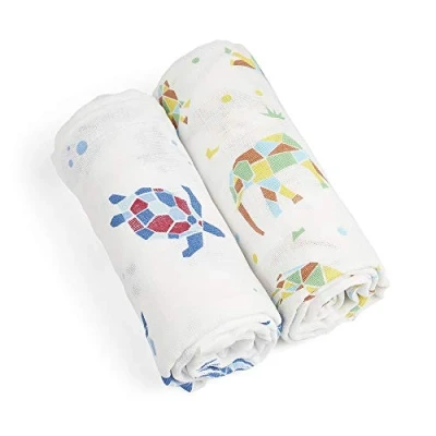 Image de Grünspecht 690 V3 Lot de 2 langes en mousseline bio 70 x cm 100% coton (biologique) sans azurants optiques, doux pour la peau et absorbants Motif animaux bleu, orange, jaune