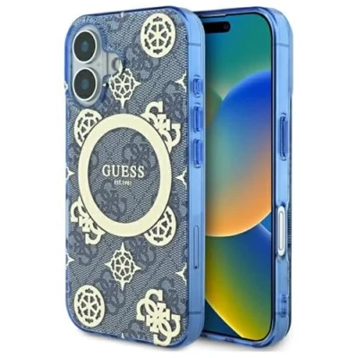 Image de Étui Guess pour iPhone 16 6.1 bleu étui rigide IML Peony On 4G Background MagSafe Neuf