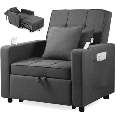 Image de Makika Fauteuil Convertible Lit Tommy Pliable 3en1 avec Accoudoirs Dossier réglable 6 Positions 2 Coussins Porte Boisson Jusqu&#039;à 150 kg Chauffeuse Rembourrée Canapé Salon Chambre Gris Foncé