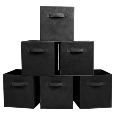Image de PowerKing Lot de 6 bacs cubiques rangement pliables en tissu pour placard et jouets, Polypropylène, Noir ,