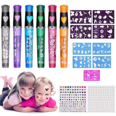 Image de 6 Pcs Stylos Tatouage Enfant,Set Paillette,Tatouage Temporaire,Stylos Gel à Paillettes Kit,avec 9 Pochoir Tatouage, 2 Feuilles D&#039;autocollants de Strass,pour Halloween,Noël,Fête