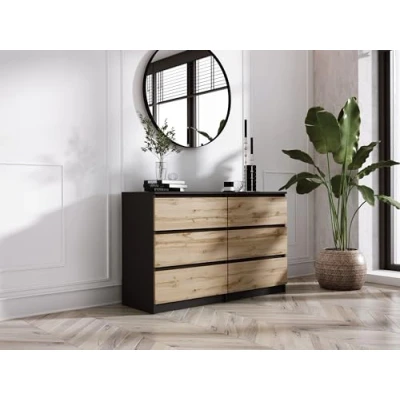 Image de 3E 3xE living.com Commode avec 6 tiroirs Noir &amp; chêne wotan, L : 120 cm, H 79 P 39 cm