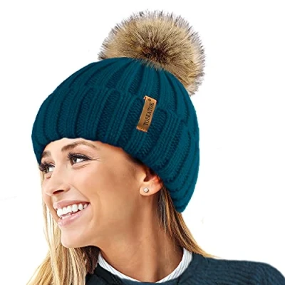 Image de TOSKATOK® Femmes Hiver Rib Bonnet/Beanie avec Chunky détachable en Fausse Fourrure Bobble Pom Taille Unique Teal