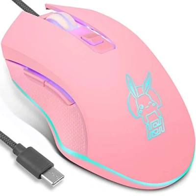 Image de IULONEE Souris Gamer Filaire RVB Silencieux USB Gaming Ergonomique de Type C 2400 DPI 6 Boutons Programmables pour PC Portable Mouse Ordinateur Bureau Mac (Pink)