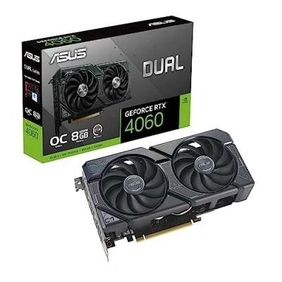 Image de ASUS DUAL NVIDIA GeForce RTX 4060 OC Edition Carte graphique (8GB GDDR6X, PCIe 4.0, DLSS 3, HDMI 2.1a, DisplayPort 1.4a, 2.5 slot, Ventilateurs axiaux à double roulement billes, technologie 0dB)