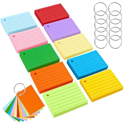 Image de 500 Flash Cards A8, Multicolore Flashcards Fiches de Suivi,7,4 x 5,1 cm Fiche Revision Cartes Index Lignées Papier avec 10 Anneaux Reliure pour École Bureau Maison Étude Notes (10 Couleurs)