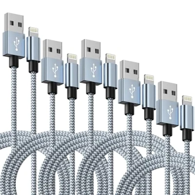 Image de IDISON Lot de 5 câbles Lightning en nylon tressé certifié Apple MFi pour iPhone Max XS XR 8 Plus 7 6S 5S 5C Air iPad Mini iPod (gris/blanc)