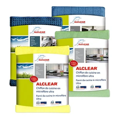 Image de ALCLEAR 961000 Lot de 4 chiffons en microfibre comprenant 1 chiffon ultra 820901 (bleu marine) 60 x 40 cm, antibatérien 950017 (bleu) 17 23 cm et 2 cuisine 8215810yg (jaune/vert) 32 36