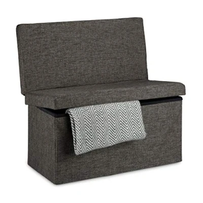 Image de Relaxdays Tabouret de rangement pliant en lin avec dossier appui dos coffre pouf stockage ottoman H x l P: 73 76 38 cm repose pieds banc couvercle, brun