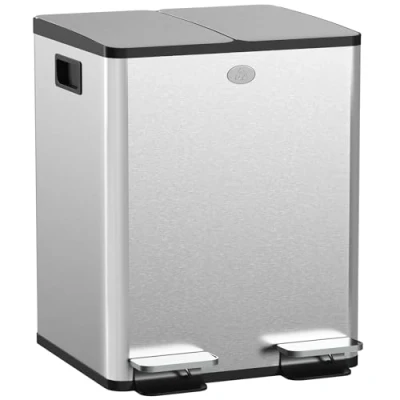 Image de HOMCOM poubelle de cuisine double, 2 x 20L, à pédale en acier inoxydable, couvercles fermeture douce, seaux intérieurs amovibles et poignées anti empreintes digitales 45,8x36x51,6cm
