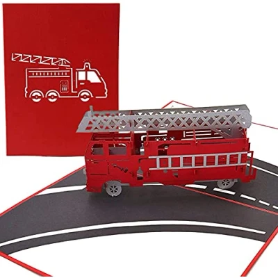 Image de PopLife Cards Camion de pompier 3d popup carte voeux pour toutes les occasions pompiers, bénévoles, enfants se plie à plat l&#039;envoi d&#039;anniversaire, remise des diplômes, retraite, félicitations