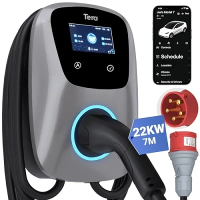 Image de Tera Smart EV Chargeur Type 2 Wallbox: Borne de Recharge Vehicule Electrique 22kw Triphasé 32A 400V CE Certifié avec APP WiFi Bluetooth, 7M Câble Recharge, Support Mural pour EVs PHEVs