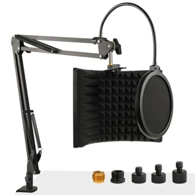 Image de Bouclier D&#039;isolation de Microphone avec Support Micro et Filtre Anti Pop, Sonore Pliable pour la Plupart des d&#039;enregistrement Mic