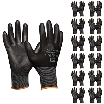 Image de Gebol Micro Flex Touch Lot de 12 Gants travail avec fonction tactile protection légers sensation sensibilité Femmes et hommes Taille M (taille 8) Noir paires Multipack