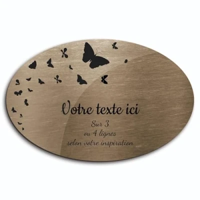 Image de Plaque gravée funéraire motif Papillon autocollante modèle ovale (20x13 cm) personnalisée 1 à 3 lignes Bronze