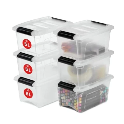 Image de Iris Ohyama, Petite Boite Rangement Plastique avec Couvercle, 5L, Lot de 6, Transparent, Clips Fermeture, Poignée, Empilable, Organisation Solide &amp; Durable, pour Chambre, Dressing, Bureau, DDNTB 5