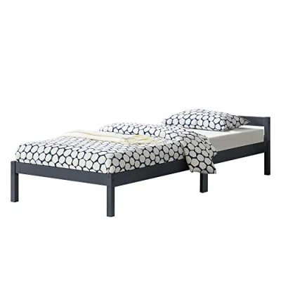 Image de Cadre de Lit Solide Stylé à Sommier Lattes Simple Design en Pin et Bois Stratifié Capacité Charge 100 kg 90 x 200 cm Gris Foncé