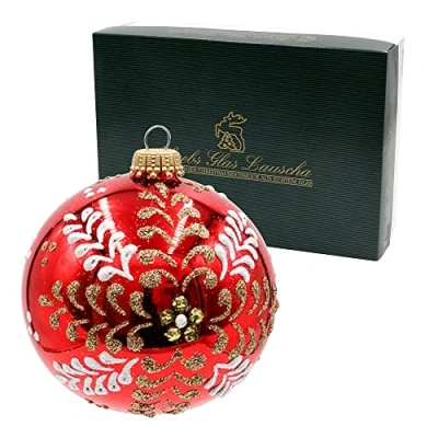 Image de Dekohelden24 Lauschaer KGL10876 Lot de 6 Boules en Verre Rouge Brillant, soufflées à la Bouche et décorées Main Or Blanc, avec Couronne d&#039;or, diamètre env. 8 cm,