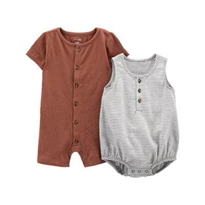 Image de Simple Joys by Carter&#039;s Button Rompers, Pack of 2 Barboteuse, Brun/Gris Rayures, 0 3 Mois (Lot de 2) Bébé garçon