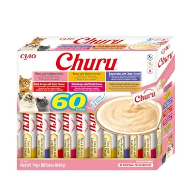 Image de INABA Churu Friandises pour Chats en Purée Variétés de Thon Délicieux Snacks Félins Texture Lisse et Onctueuse Nourriture 60 Tubes x 14g