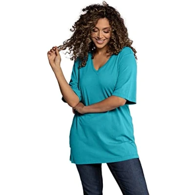 Image de Ulla Popken Femme Grande Taille, T Shirt, Col en V, Aqua Profond, 52 EU