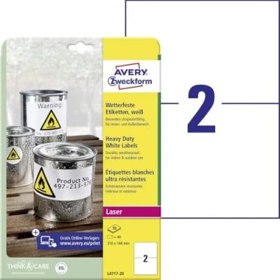 Image de Avery Zweckform Etichette impermeabili in poliestere, bianco, 210 x 148 mm, 40 etichette, Pezzi