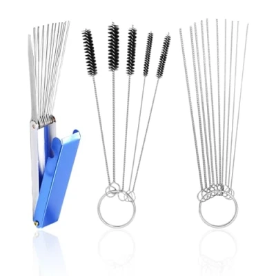 Image de 1 jeu de brosses nettoyage pour carburateur, 5 + 10 aiguilles kit nettoyage, en acier inoxydable, convient motos et voitures